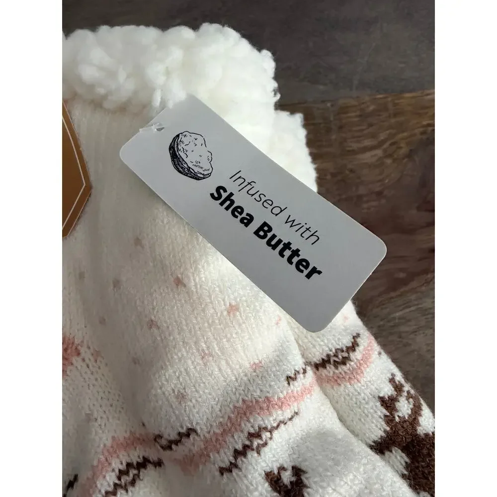 New Muk Luk Reindeer Shea Butter Infused Cabin Socks with Grippers - size 8.5-11